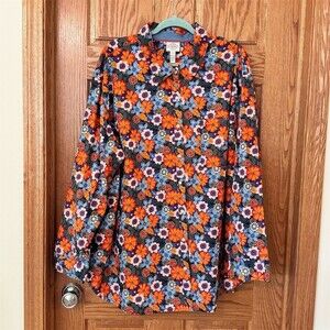 St. John's Bay Button-Up Shirt Womens 3XL Floral Blue Orange Long Sleeve